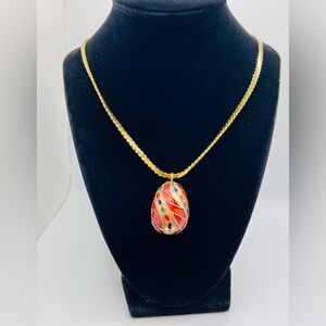 Vintage Enameled Fabrege Style Gold Tone Red & Blue Egg Necklace Pendant 24 inch